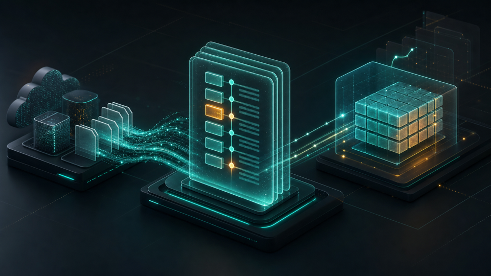 Generated dark isometric cover showing a transaction log turning raw object files into a trusted Delta Lake table snapshot.